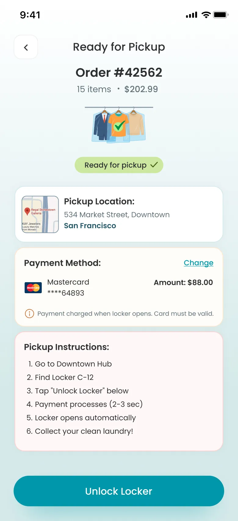WashEra app — pickup screen