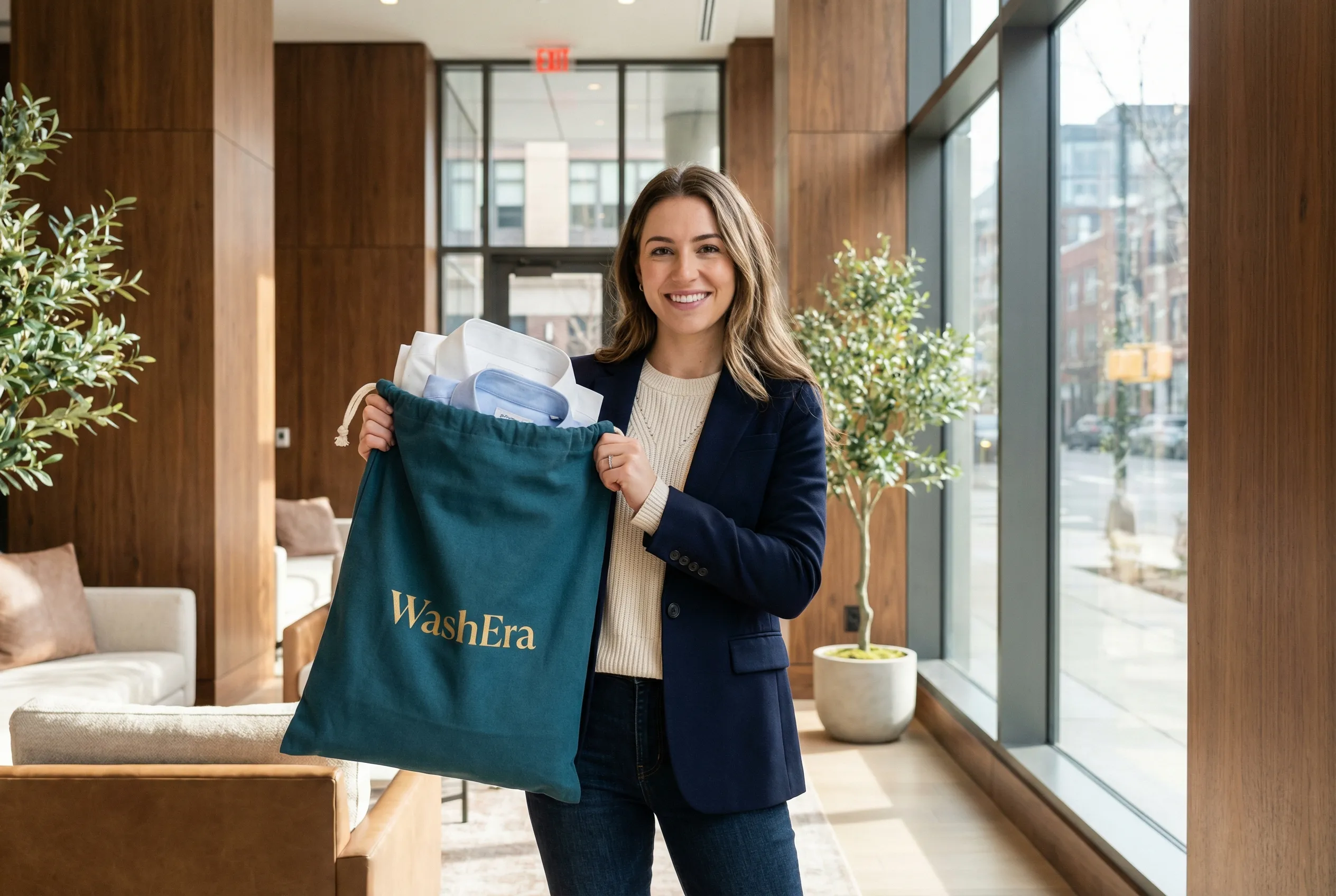 Happy customer with WashEra branded clean laundry bag
