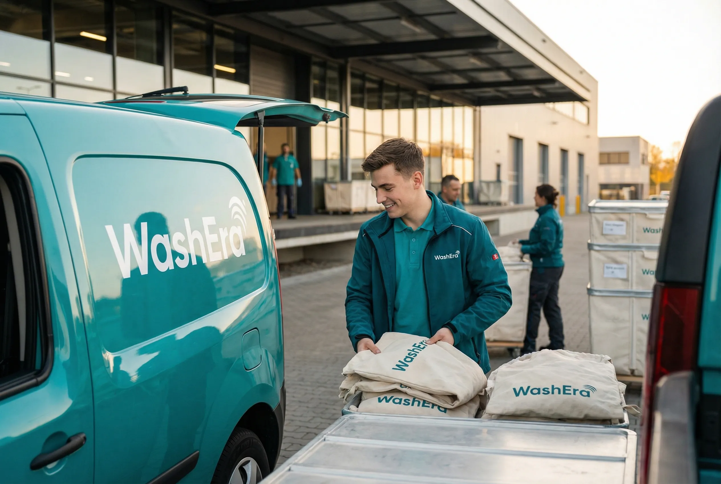WashEra staff loading laundry into branded EV van