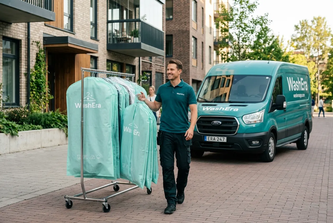 WashEra staff loading laundry into branded EV van